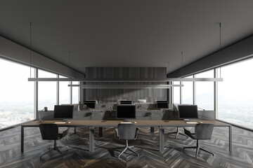 Modern gray panoramic cafe interior