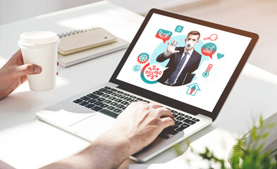 Fototapeta premium Woman using laptop with man and medical icons