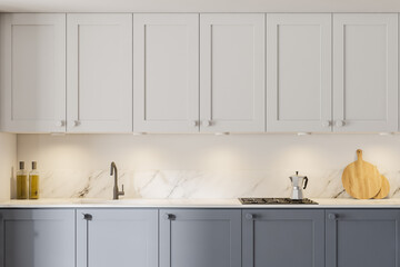 Modern white and gray kitchen interior with cabinets, close up