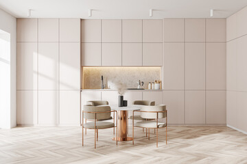 Modern white and gray kitchen with dining table