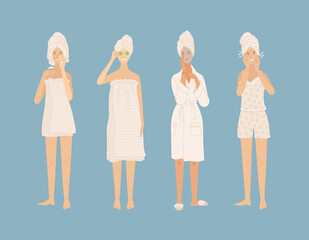 Young women wearing towel, pajama, and bathrobe take care of their skin. Girls cleaning skin, washing, moisturizing, applying serum and beauty mask. Flat cartoon vector characters. Everyday routine