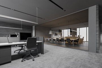 Stylish gray and wooden open space office corner and meeting room