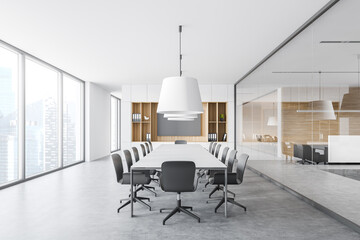 Modern white and wooden meeting room, side view