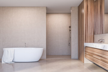 Fototapeta na wymiar Tub, shower and sink in wooden bathroom interior