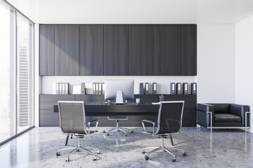 Modern white CEO office interior with wooden cabinets