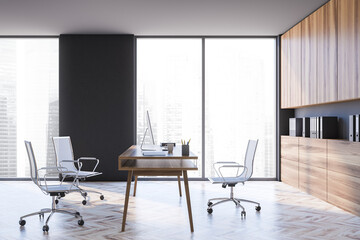 Modern gray CEO office with wooden cabinets, side view
