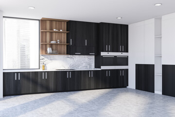 White and black kitchen corner with cabinets