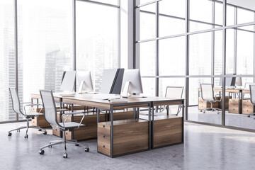Stylish panoramic white open space office corner