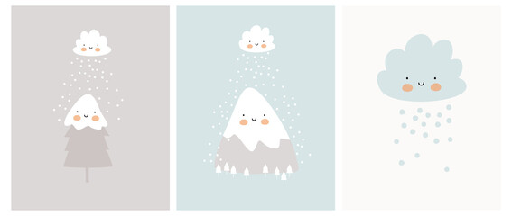 Cute Vector Illustrations with Kawaii Style Smiling Mountain, Christmas Tree and Fluffy Cloud Isolated on a Gray and Blue Background. Snowy Winter Prints ideal for Card, Wall Art, Poster. 
