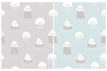Cute Seamless Vector Patterns with Childish Style Winter Landscape. Smiling Mountain, Christmas Tree and Fluffy Cloud Isolated on a Gray and Blue Background. Winter Forest Print. 