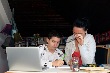 Mother and son home schooling, tutoring; home study, exploring internet and doing homework together