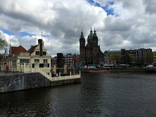 view of the river in the city at cloudy day, Amsterdam, North Holland, Netherlands
