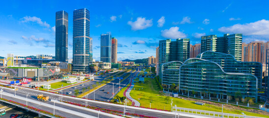 Obraz premium Aerial view of Hengqin Free Trade Zone, Zhuhai City, Guangdong Province, China