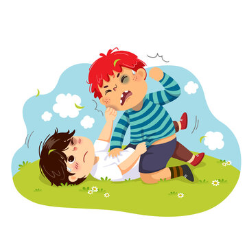 Vector illustration cartoon of two boys fighting on the green grass.