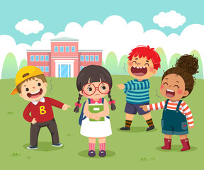 Vector illustration cartoon of a sad little girl being bullied by her schoolmates in schoolyard.