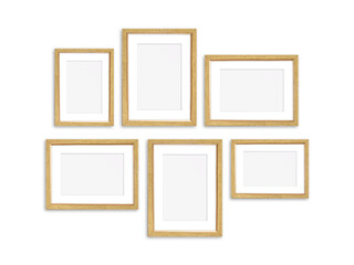Golden frames set, six realistic frameworks isolated on white background