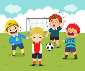 Vector illustration cartoon of a sad little boy being bullied by his friends in schoolyard.