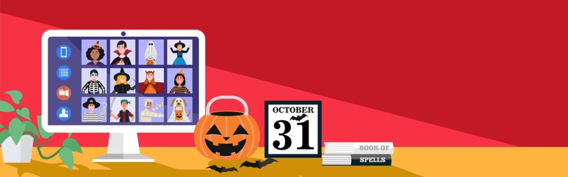 Children in Halloween dress video meetings at home. Vector