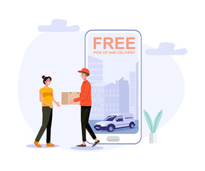 Delivery man handling parcel package box to customer. Vector