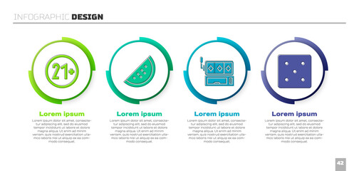 Set 21 plus, Casino slot machine with watermelon, Slot machine and Game dice. Business infographic template. Vector.
