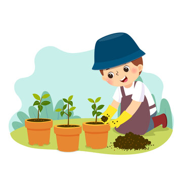 Vector Illustration Cartoon Of A Little Boy Doing Gardening. Kids Doing Housework Chores At Home Concept