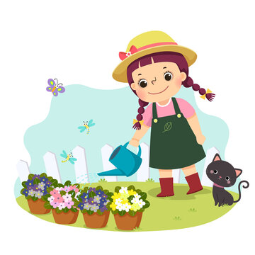 Vector illustration cartoon of a little girl watering plant. Kids doing housework chores at home concept.