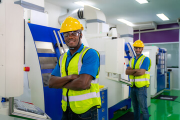 Two mechanical technician operative arm crossed in front of cnc milling cutting machine at factory at tool workshop in metal machining industry.