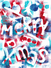 Merry Xmas graffiti wallart, monoprint, with trees, stars and ornaments in red and blue