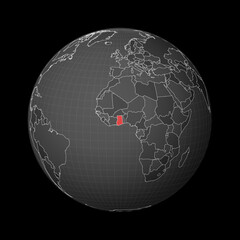 Dark globe centered to Ghana. Country highlighted with red color on world map. Satellite world projection. Modern vector illustration.