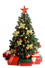 Christmas tree and gifts on white