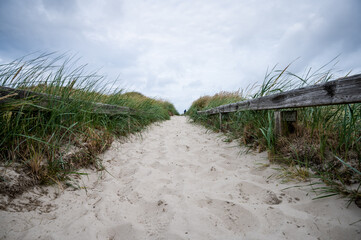 Fototapeta na wymiar way to the beach through dunes over sand with small wooden railings at the wayside