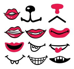 Fototapeta na wymiar Design for medical face masks. Collection emoticons of mouth. Red cartoon mouths with teeth. Pattern for printing. Feeling of smiling, laughing, sulking, blowing, kissing, animal nose and mouth.