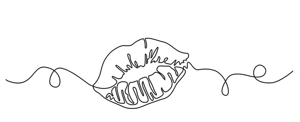 Continuous one line drawing. Woman lips logo isolated on white background. Vector illustration for banner, web, design element, template, postcard, poster.