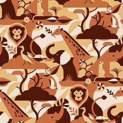 African savanna seamless pattern with lion, birds, rhino, suricate or meerkat, giraffe, elephant, leaves and flowers. Perfect for camouflage fabric, textile, wallpaper. Animal design pattern.