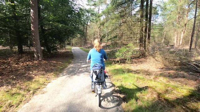 Woman cycles in forest road at National Park the Hoge Veluwe in Holland
