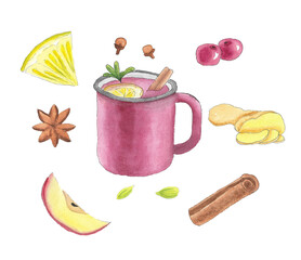 Mulled wine hand-draw watercolor set.