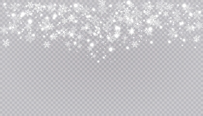White snow flies on a transparent background. Christmas snowflakes. Winter blizzard background illustration.