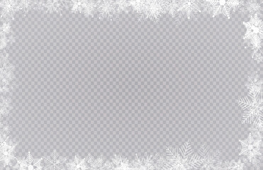 Rectangular winter snow frame border with stars, sparkles and snowflakes on transparent background. Festive christmas banner, new year greeting card, postcard or invitation vector illustration