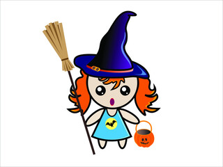 Cute little girl in suit of witch stands with a broom and pumpkin isolated on white background. Vector drawing for Halloween design.