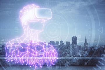 Double exposure of AR people drawing and cityscape background. Concept of augmented reality.