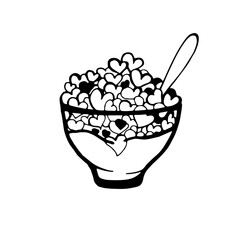 A bowl of breakfast cereal,milk, and a spoon. Cornflakes in the form of a heart. Vector illustration isolated on a white background. The style of Doodle. For the design of advertising products.