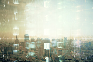 Data theme hologram drawing on city view with skyscrapers background double exposure. Technology concept.