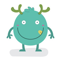 Funny Cute Turquoise Halloween Monster with horn Flat Design Vector