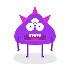 Funny Cute Third Eyes Purple Halloween Monster with Three Horn Flat Design Vector
