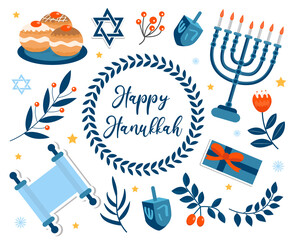 Happy hanukkah set. Collection of design elements for the Jewish holiday with menorah, torah, sufganiyot, bunting, plants. Vector illustration, clip art