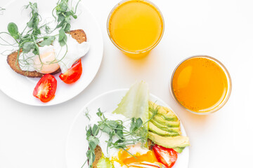 Top view of healthy breakfast with poached eggs