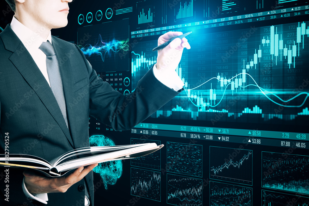 Poster businessman drawing abstract forex and big data interface.