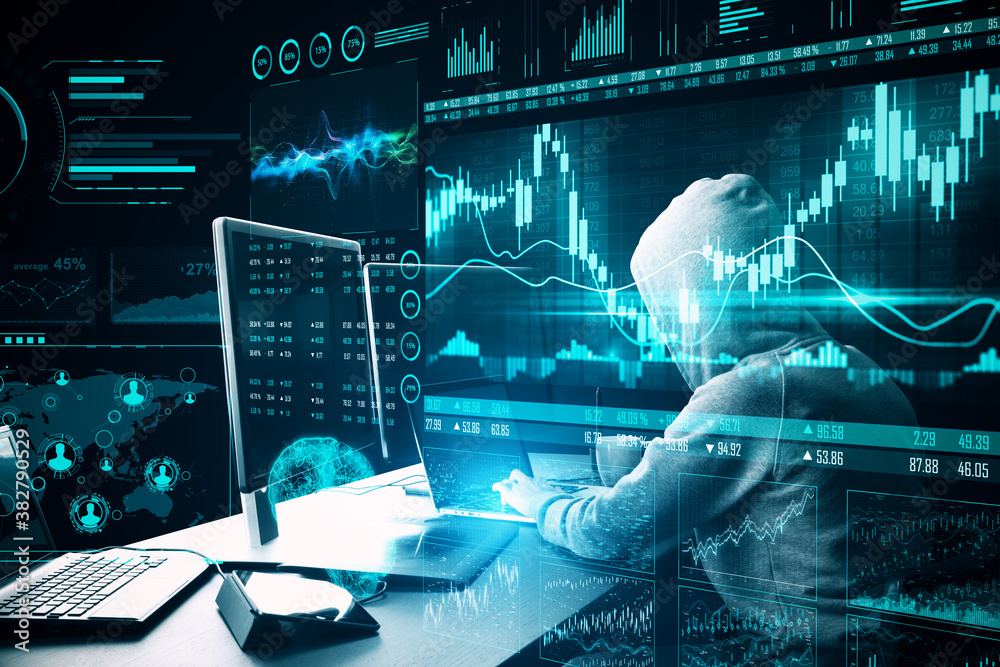 Poster Hacker using computer with stock charts and  business statistics hologram.
