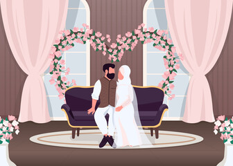 Islam newlyweds flat color vector illustration. Bride and groom on sofa. Wife and husband sit on couch. Floral arch wedding decoration. Muslim couple 2D cartoon characters with interior on background