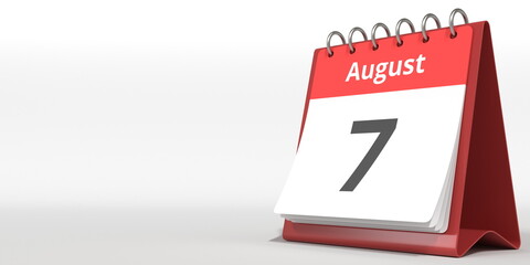 August 7 date on the flip calendar page, 3d rendering